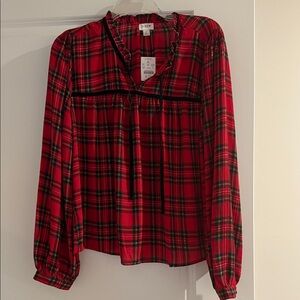 J. Crew Factory Red and Black Plaid Ruffle Blouse - large